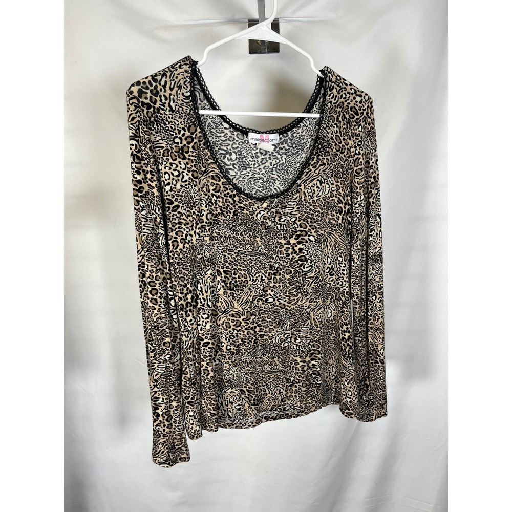 Maidenform Leopard Print Long Sleeve Top Lace Trim Scoop Neck Tan Black XL